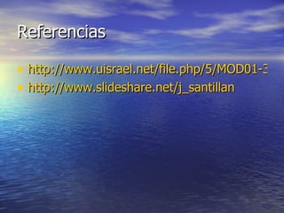 Referencias http://www.uisrael.net/file.php/5/MOD01-3s/Calidad_de_Educacion_Virtual.pdf http ://www.slideshare.net/j_santillan 