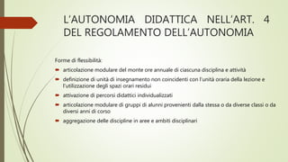 L’AUTONOMIA DIDATTICA NELL’ART. 4
DEL REGOLAMENTO DELL’AUTONOMIA
Forme di flessibilità:
 articolazione modulare del monte ore annuale di ciascuna disciplina e attività
 definizione di unità di insegnamento non coincidenti con l’unità oraria della lezione e
l’utilizzazione degli spazi orari residui
 attivazione di percorsi didattici individualizzati
 articolazione modulare di gruppi di alunni provenienti dalla stessa o da diverse classi o da
diversi anni di corso
 aggregazione delle discipline in aree e ambiti disciplinari
 
