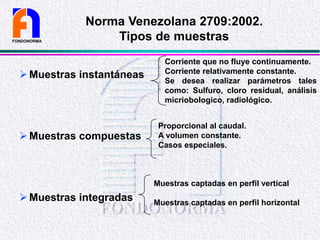 Muestras instantáneas
Muestras compuestas
Muestras integradas
FONDONORMA
Norma Venezolana 2709:2002.
Tipos de muestras
Corriente que no fluye continuamente.
Corriente relativamente constante.
Se desea realizar parámetros tales
como: Sulfuro, cloro residual, análisis
micriobologico, radiológico.
Proporcional al caudal.
A volumen constante.
Casos especiales.
Muestras captadas en perfil vertical
Muestras captadas en perfil horizontal
 