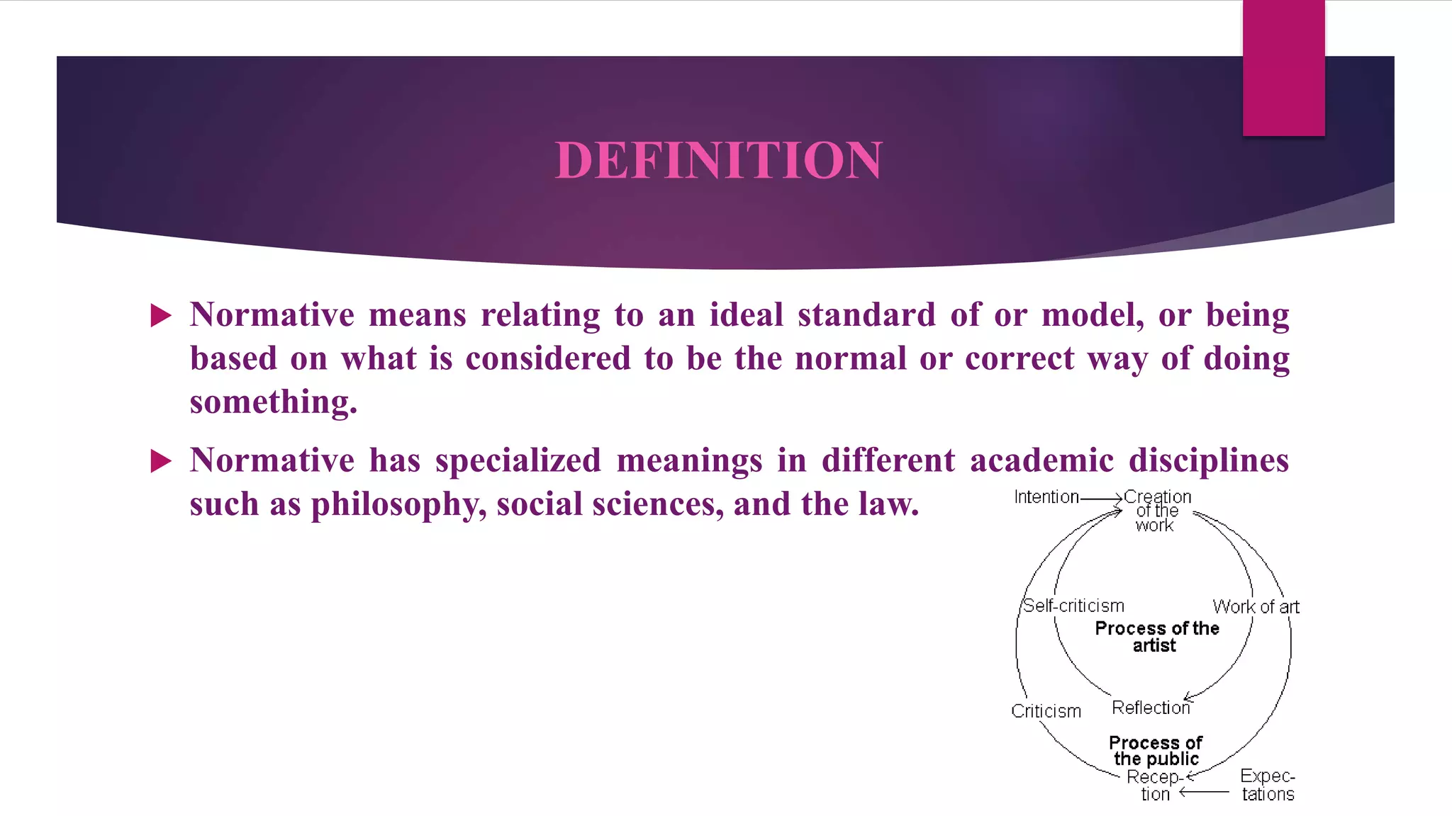DEFINITION
 Normative means relating to an ideal standard of or model, or being
based on what is considered to be the normal or correct way of doing
something.
 Normative has specialized meanings in different academic disciplines
such as philosophy, social sciences, and the law.
 
