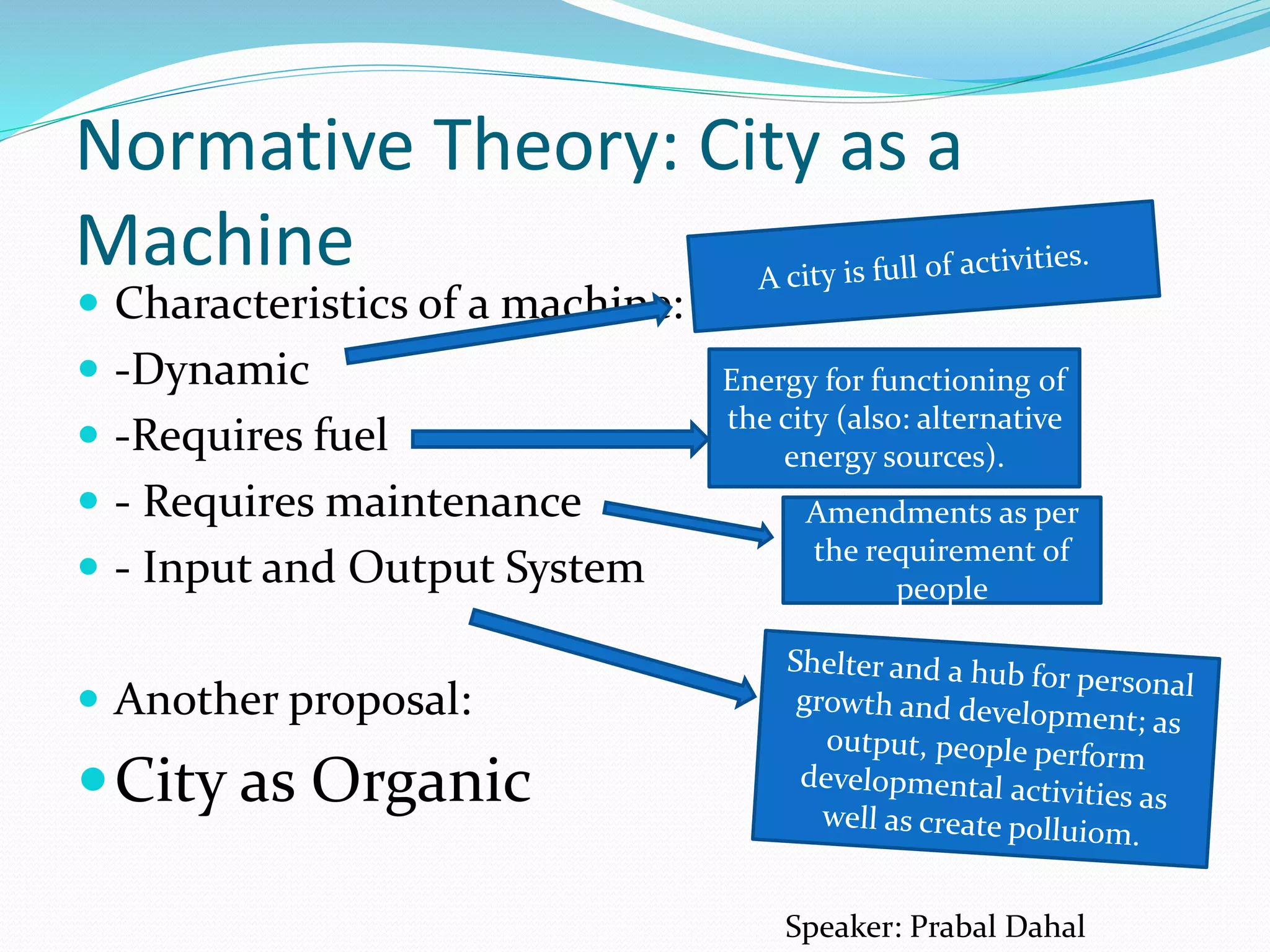 Normative Theory: City as a
Machine
 Characteristics of a machine:
 -Dynamic
 -Requires fuel
 - Requires maintenance
 - Input and Output System
 Another proposal:
City as Organic
Speaker: Prabal Dahal
Energy for functioning of
the city (also: alternative
energy sources).
Amendments as per
the requirement of
people
 