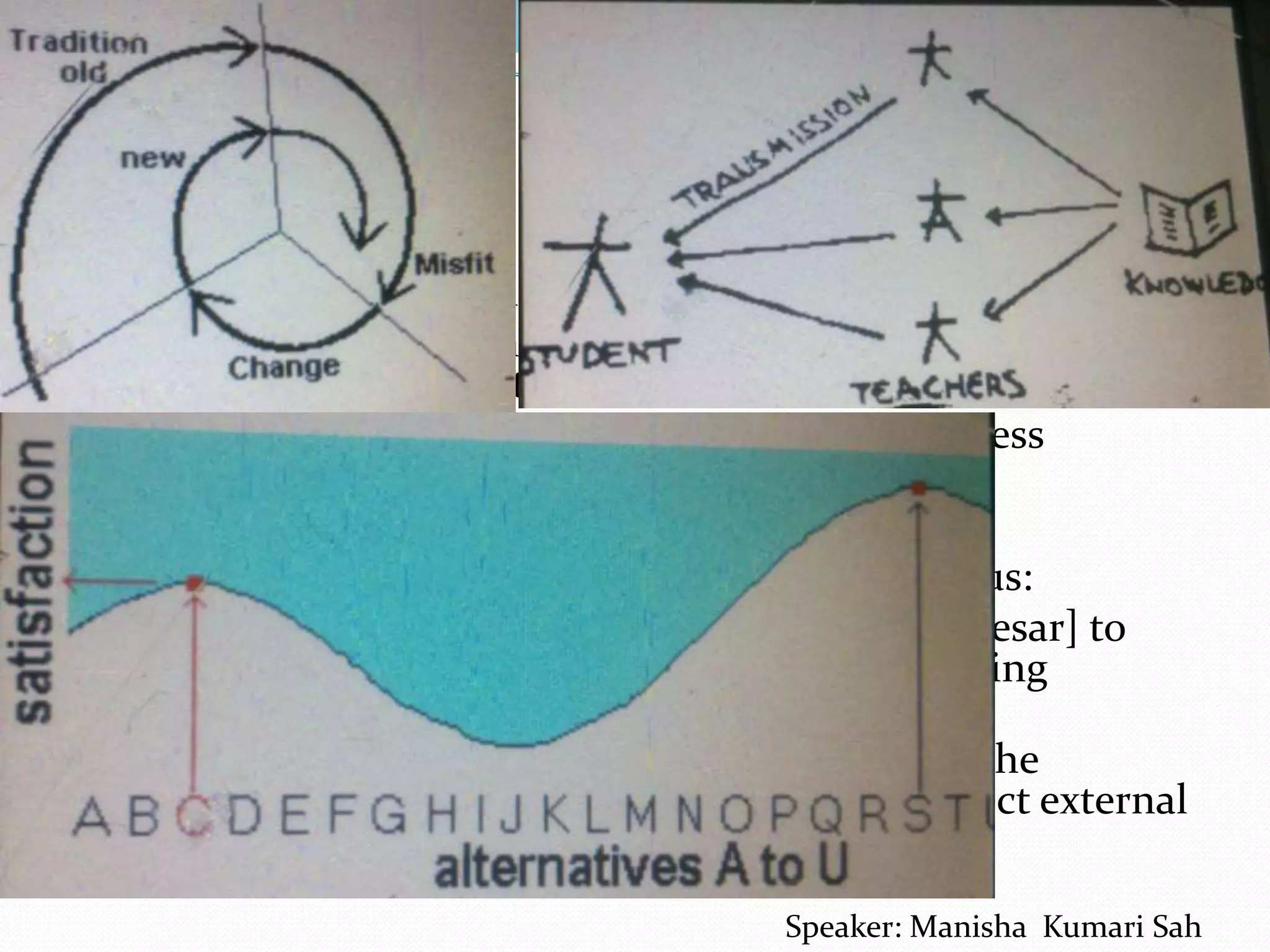 Evolution of Normative Theory
 To help understand the role of theory of practice .
 Tacit wisdom stores in memory of their elders is followed
by younger according to tradition.
 Adaptation depends on simple fact that the process
towards equilibrium is irreversible.
 “Skill without knowledge nothing worth”
 In Vitruvius book addressed to Emperor Augustus:
 “I have drawn up definite rules to enable you [Caesar] to
have personal knowledge of quality both of existing
building and yet building constructed.
 An important factor in evolution, to respond to the
requirement of society/how internal system detect external
needs.
Speaker: Manisha Kumari Sah
 