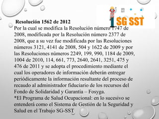 Resolución 1562 de 2012
Por la cual se modifica la Resolución número 1747 de
2008, modificada por la Resolución número 2377 de
2008, que a su vez fue modificada por las Resoluciones
números 3121, 4141 de 2008, 504 y 1622 de 2009 y por
las Resoluciones números 2249, 199, 990, 1184 de 2009,
1004 de 2010, 114, 661, 773, 2640, 2641, 3251, 475 y
476 de 2011 y se adopta el procedimiento mediante el
cual los operadores de información deberán entregar
periódicamente la información resultante del proceso de
recaudo al administrador fiduciario de los recursos del
Fondo de Solidaridad y Garantía – Fosyga.
*El Programa de Salud Ocupacional: en lo sucesivo se
entenderá como el Sistema de Gestión de la Seguridad y
Salud en el Trabajo SG-SST
 