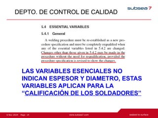 14
Page
6 Nov 2024
DEPTO. DE CONTROL DE CALIDAD
LAS VARIABLES ESENCIALES NO
INDICAN ESPESOR Y DIAMETRO, ESTAS
VARIABLES APLICAN PARA LA
“CALIFICACIÓN DE LOS SOLDADORES”
 