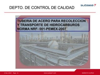 21
Page
6 Nov 2024
DEPTO. DE CONTROL DE CALIDAD
TUBERIA DE ACERO PARA RECOLECCION
Y TRANSPORTE DE HIDROCARBUROS
NORMA NRF- 001-PEMEX-2007
 