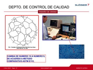 37
Page
6 Nov 2024
DEPTO. DE CONTROL DE CALIDAD
TAMAÑO DE GRANO
CAMBIA DE NUMERO 10 A NUMERO 9,
DE ACUERDO A METODO
COMPARATIVO ASTM E112,
 