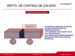 38
Page
6 Nov 2024
DEPTO. DE CONTROL DE CALIDAD
PRESION LA PRUEBA DE DOBLADO ES UNA DE
LAS MAS SEVERAS PARA LAS
UNIONES SOLDADAS
SI EL MATERIAL NO ES DUCTIL EN LA
H.A.Z. SE FRACTURA.
SI LA UNION TIENE DISCONTINUIDADES
SEVERAS SE FRACTURA O QUEDAN
EXPUESTAS
PRUEBA DE DOBLEZ GUIADO
 