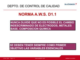 47
Page
6 Nov 2024
DEPTO. DE CONTROL DE CALIDAD
NORMA A.W.S. D1.1
NUNCA OLVIDE QUE NO ES POSIBLE EL CAMBIO
INDESCRIMINADO DE ELECTRODOS, METALES
BASE, COMPOSICION QUIMICA
SE DEBEN TENER SIEMPRE COMO PRIMER
OBJETIVO LAS VARIABLES ESENCIALES
 