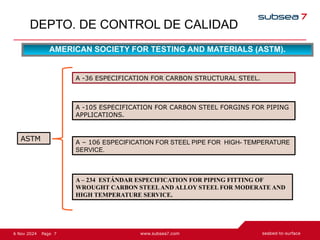 7
Page
6 Nov 2024
DEPTO. DE CONTROL DE CALIDAD
AMERICAN SOCIETY FOR TESTING AND MATERIALS (ASTM).
ASTM
A -36 ESPECIFICATION FOR CARBON STRUCTURAL STEEL.
A – 106 ESPECIFICATION FOR STEEL PIPE FOR HIGH- TEMPERATURE
SERVICE.
A – 234 ESTÁNDAR ESPECIFICATION FOR PIPING FITTING OF
WROUGHT CARBON STEELAND ALLOY STEEL FOR MODERATE AND
HIGH TEMPERATURE SERVICE.
A -105 ESPECIFICATION FOR CARBON STEEL FORGINS FOR PIPING
APPLICATIONS.
 
