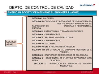 8
Page
6 Nov 2024
DEPTO. DE CONTROL DE CALIDAD
CODIGO
ASME
SECCION I CALDERAS.
SECCION II CONDICIONES Y REQUISITOS DE LOS MATERIALES
QUE SE PUEDEN EMPLEAR EN LA
FABRICACION DE CALDERAS Y RECIPIENTES A
PRESION.
SECCION III ESTRUCTURAS Y PLANTAS NUCLEARES.
SECCION IV CALENTADORES.
SECCION V PRUEBAS NO DESTRUCTIVAS.
SECCION VI CALENTADORES.
SECCION VII CALDERAS.
SECCION VIII DIV 1 RECIPIENTES A PRESION.
SECCION VIII DIV 2 REGLAS ALTERNATIVAS RECIPIENTES A
PRESION.
SECCION IX CALIFICACON DE PROCESOS DE SOLDADURA.
SECCION X RECIPIENTES DE PLASTICO REFORZADO CON
FIBRA DE VIDRIO.
SECCION XI INSPECCION EN SERVICIO DE PLANTAS
NUCLEARES.
AMERICAN SOCIETY OF MECHANICAL ENGINEERS (ASME).
 