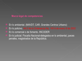    En lo ambiental. (MAVDT, CAR, Grandes Centros Urbano):
   En lo policivo. Art.5 de la Ordenanza No. 145 A de enero 9 de 2002
   En lo comercial o de fomento. INCODER
   En lo judicial. Fiscalía Nacional-delegados en lo ambiental, jueces
    penales, magistrados de la República.
 
