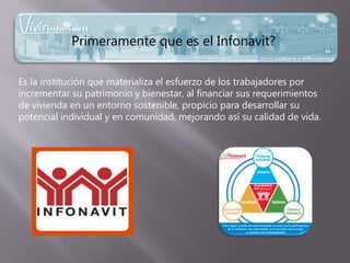 Es la institución que materializa el esfuerzo de los trabajadores por
incrementar su patrimonio y bienestar, al financiar sus requerimientos
de vivienda en un entorno sostenible, propicio para desarrollar su
potencial individual y en comunidad, mejorando así su calidad de vida.
Primeramente que es el Infonavit?
 