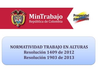 Diapo de carátula 1
NORMATIVIDAD TRABAJO EN ALTURAS
Resolución 1409 de 2012
Resolución 1903 de 2013
 