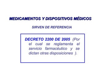 MEDICAMENTOS Y DISPOSITIVOS MÉDICOSMEDICAMENTOS Y DISPOSITIVOS MÉDICOS
DEBERAN
APLICARSE
SIRVEN DE REFERENCIA
DECRETO 2200 DE 2005. (Por
el cual se reglamenta el
servicio farmacéutico y se
dictan otras disposiciones ).
 