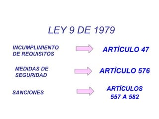LEY 9 DE 1979
INCUMPLIMIENTO
DE REQUISITOS
MEDIDAS DE
SEGURIDAD
SANCIONES
ARTÌCULO 47
ARTÌCULO 576
ARTÌCULOS
557 A 582
 