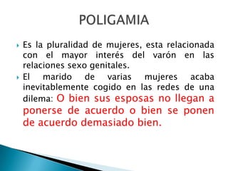 



Es la pluralidad de mujeres, esta relacionada
con el mayor interés del varón en las
relaciones sexo genitales.
El marido de varias mujeres acaba
inevitablemente cogido en las redes de una
dilema: O bien sus esposas no llegan a

ponerse de acuerdo o bien se ponen
de acuerdo demasiado bien.

 