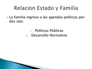 

La familia ingreso a las agendas políticas por
dos vías:
Políticas Públicas
Desarrollo Normativo

1.
2.

 