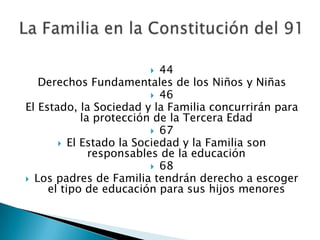 44
Derechos Fundamentales de los Niños y Niñas
 46
El Estado, la Sociedad y la Familia concurrirán para
la protección de la Tercera Edad
 67
 El Estado la Sociedad y la Familia son
responsables de la educación
 68
 Los padres de Familia tendrán derecho a escoger
el tipo de educación para sus hijos menores


 