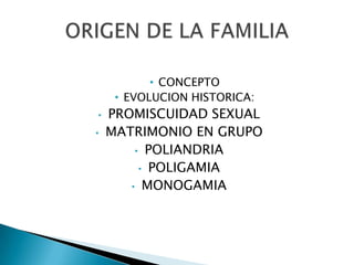 • CONCEPTO
• EVOLUCION HISTORICA:
•
•

PROMISCUIDAD SEXUAL
MATRIMONIO EN GRUPO
• POLIANDRIA
• POLIGAMIA
• MONOGAMIA

 