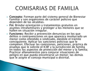 





Concepto: Forman parte del sistema general de Bienestar
Familiar y son organismos de carácter policivo que
dependen de las alcaldías.
Fin: Brindar orientación y tratamientos gratuitos en
asuntos intrafamiliares y proteger a los menores que se
hallen en situación irregular.
Funciones: Recibir a prevención denuncias en los que
delitos o contravenciones en que aparezca involucrado un
menor como ofendido o sindicado, dándole el trámite
consiguiente; Aplicar las sanciones policivas que le
competen; Efectuar las comisiones, peticiones, práctica de
pruebas que le solicite el ICBF y la Jurisdicción de familia
en todos los aspectos de protección del menor y la familia;
Practicar allanamientos para conjurar situaciones de
peligro en que pueda encontrarse un menor; las demás
que le asigne el concejo municipal o distrital.

 