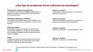 ¿Qué tipo de problemas éticos enfrentan los psicólogos?
Sociedad Mexicana de Psicología, Consejo Nacional para la Enseñanz...
