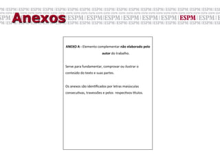 Anexos
         ANEXO	
  A	
  -­‐	
  Elemento	
  complementar	
  não	
  elaborado	
  pelo	
  
                           	
  	
  	
  	
  	
  	
  	
  	
  	
  	
  	
  	
  	
  	
  	
  	
  	
  	
  	
  autor	
  do	
  trabalho.	
  
     	
  
     Serve	
  para	
  fundamentar,	
  comprovar	
  ou	
  ilustrar	
  o	
  
     conteúdo	
  do	
  texto	
  e	
  suas	
  partes.	
  	
  
     	
  
     Os	
  anexos	
  são	
  idenGﬁcados	
  por	
  letras	
  maiúsculas	
  
     consecuGvas,	
  travessões	
  e	
  pelos	
  	
  respecGvos	
  .tulos.	
  	
  
 