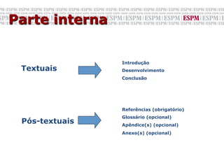 Parte interna


                Introdução
 Textuais       Desenvolvimento
                Conclusão




                Referências (obrigatório)
                Glossário (opcional)
 Pós-textuais   Apêndice(s) (opcional)
                Anexo(s) (opcional)
 