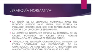 JERARQUÍA NORMATIVA
 LA TEORÍA DE LA JERARQUÍA NORMATIVA NACE DEL
FILOSOFO JURÍDICO HANS KELSEN, QUE EXPRESA LA
PRELACIÓN (PREFERENCIA), QUE DEBE REPRESENTARSE PARA
CONTAR CON UN ORDEN DE SEGUIMIENTO.
 LA JERARQUÍA NORMATIVA IMPLICA LA EXISTENCIA DE UN
ORDEN, PONIENDO UN ORDEN ENTRE NORMAS
FUNDAMENTALES Y NORMAS DE SEGUNDA ORDEN.
 ARTICULO 175. JERARQUÍA CONSTITUCIONAL, NINGUNA LEY
PODRÁ CONTRARIAR LAS DISPOSICIONES DE LA
CONSTITUCIÓN. LAS LEYES QUE VIOLEN O TERGIVERSEN LOS
MANDATOS CONSTITUCIONALES SON NULAS IPSO JURE.
 