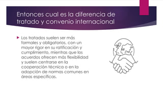 Entonces cual es la diferencia de
tratado y convenio internacional
 Los tratados suelen ser más
formales y obligatorios, con un
mayor rigor en su ratificación y
cumplimiento, mientras que los
acuerdos ofrecen más flexibilidad
y suelen centrarse en la
cooperación técnica o en la
adopción de normas comunes en
áreas específicas.
 