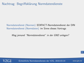 Einheitliche Normdatendienste der VZG, 2016-03-14
23
Nachtrag: Begriﬀskl¨arung Normdatendienste
Normdatendienst (Normen) E...