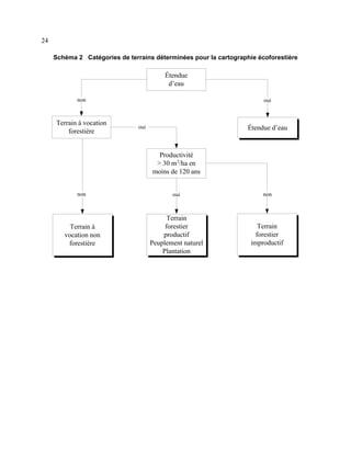24
Schéma 2 Catégories de terrains déterminées pour la cartographie écoforestière

Étendue
d’eau
non

Terrain à vocation
forestière

oui

oui

Étendue d’eau

Productivité
> 30 m3/ha en
moins de 120 ans
non

oui

non

Terrain à
vocation non
forestière

Terrain
forestier
productif
Peuplement naturel
Plantation

Terrain
forestier
improductif

 