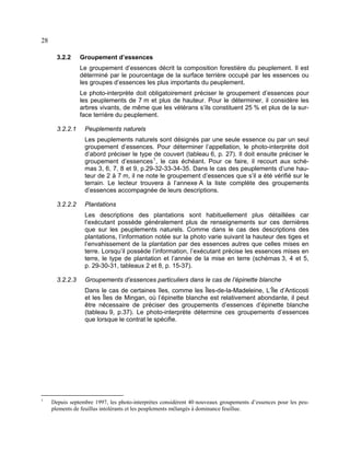 28
3.2.2

Groupement d’essences
Le groupement d’essences décrit la composition forestière du peuplement. Il est
déterminé par le pourcentage de la surface terrière occupé par les essences ou
les groupes d’essences les plus importants du peuplement.
Le photo-interprète doit obligatoirement préciser le groupement d’essences pour
les peuplements de 7 m et plus de hauteur. Pour le déterminer, il considère les
arbres vivants, de même que les vétérans s’ils constituent 25 % et plus de la surface terrière du peuplement.

3.2.2.1

Peuplements naturels
Les peuplements naturels sont désignés par une seule essence ou par un seul
groupement d’essences. Pour déterminer l’appellation, le photo-interprète doit
d’abord préciser le type de couvert (tableau 6, p. 27). Il doit ensuite préciser le
groupement d’essences 1 , le cas échéant. Pour ce faire, il recourt aux schémas 3, 6, 7, 8 et 9, p.29-32-33-34-35. Dans le cas des peuplements d’une hauteur de 2 à 7 m, il ne note le groupement d’essences que s’il a été vérifié sur le
terrain. Le lecteur trouvera à l’annexe A la liste complète des groupements
d’essences accompagnée de leurs descriptions.

3.2.2.2

Plantations
Les descriptions des plantations sont habituellement plus détaillées car
l’exécutant possède généralement plus de renseignements sur ces dernières
que sur les peuplements naturels. Comme dans le cas des descriptions des
plantations, l’information notée sur la photo varie suivant la hauteur des tiges et
l’envahissement de la plantation par des essences autres que celles mises en
terre. Lorsqu’il possède l’information, l’exécutant précise les essences mises en
terre, le type de plantation et l’année de la mise en terre (schémas 3, 4 et 5,
p. 29-30-31, tableaux 2 et 8, p. 15-37).

3.2.2.3

Groupements d’essences particuliers dans le cas de l’épinette blanche
Dans le cas de certaines îles, comme les Îles-de-la-Madeleine, L’Île d’Anticosti
et les Îles de Mingan, où l’épinette blanche est relativement abondante, il peut
être nécessaire de préciser des groupements d’essences d’épinette blanche
(tableau 9, p.37). Le photo-interprète détermine ces groupements d’essences
que lorsque le contrat le spécifie.

1

Depuis septembre 1997, les photo-interprètes considèrent 40 nouveaux groupements d’essences pour les peuplements de feuillus intolérants et les peuplements mélangés à dominance feuillue.

 