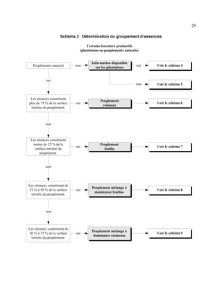 29
Schéma 3 Détermination du groupement d’essences
Terrains forestiers productifs
(plantations ou peuplements naturels)

non

Information disponible
sur les plantations

oui

Voir le schéma 4

non

Peuplements naturels

Voir le schéma 5

oui

Les résineux constituent
plus de 75 % de la surface
terrière du peuplement.

oui

Peuplement
résineux

Voir le schéma 6

oui

Peuplement
feuillu

Voir le schéma 7

oui

Peuplement mélangé à
dominance feuillue

Voir le schéma 8

oui

Peuplement mélangé à
dominance résineuse

Voir le schéma 9

non

Les résineux constituent
moins de 25 % de la
surface terrière du
peuplement.

non

Les résineux constituent de
25 % à 50 % de la surface
terrière du peuplement.

non

Les résineux constituent de
50 % à 75 % de la surface
terrière du peuplement.

 