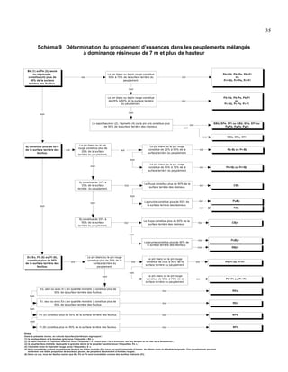 35
Schéma 9 Détermination du groupement d’essences dans les peuplements mélangés
à dominance résineuse de 7 m et plus de hauteur

Bb (1) ou Pe (3), seuls
ou regroupés,
constitue(nt) plus de
50% de la surface
terrière des feuillus.

Le pin blanc ou le pin rouge constitue
50% à 75% de la surface terrière du
peuplement.

oui

oui

Pb+Bb, Pb+Pe, Pb+Fi
ou
Pr+Bb, Pr+Pe, Pr+Fi

oui

Pb-Bb, Pb-Pe, Pb-Fi
ou
Pr-Bb, Pr-Pe, Pr-Fi

non
Le pin blanc ou le pin rouge constitue
de 25% à 50% de la surface terrière
du peuplement.
non

non

Le sapin baumier (2), l’épinette (4) ou le pin gris constitue plus
de 50% de la surface terrière des résineux.

SBb, SPe, SFi ou EBb, EPe, EFi ou
PgPb, PgPe, PgFi

oui
non
non

Bj constitue plus de 50%
de la surface terrière des
feuillus.

Le pin blanc ou le pin
rouge constitue plus de
25% de la surface
terrière du peuplement.

oui

RBb, RPe, RFi

Le pin blanc ou le pin rouge
constitue de 25% à 50% de la
surface terrière du peuplement.

oui

Pb-Bj ou Pr-Bj

Le pin blanc ou le pin rouge
constitue de 50% à 75% de la
surface terrière du peuplement.

oui

Pb+Bj ou Pr+Bj

Le thuya constitue plus de 50% de la
surface terrière des résineux.

oui

oui

CBj-

oui

PuBj-

non

RBj-

non
non

Bj constitue de 14% à
33% de la surface
terrière du peuplement.

oui

non
La pruche constitue plus de 50% de
la surface terrière des résineux.

non

non

Bj constitue de 33% à
50% de la surface
terrière du peuplement.

Le thuya constitue plus de 50% de la
surface terrière des résineux.

oui

oui

CBj+

oui

PuBj+

non

RBj+

non
La pruche constitue plus de 50% de
la surface terrière des résineux.

Er, Eo, Fh (5) ou Ft (6),
constitue plus de 50%
de la surface terrière des
feuillus.

oui

Le pin blanc ou le pin rouge
constitue plus de 25% de la
surface terrière du
peuplement.

oui

Le pin blanc ou le pin rouge
constitue de 25% à 50% de la
surface terrière du peuplement.

oui

Pb-Ft ou Pr-Ft

Le pin blanc ou le pin rouge
constitue de 50% à 75% de la
surface terrière du peuplement.

oui

Pb+Ft ou Pr+Ft

non
non

Eo, seul ou avec Er ( en quantité moindre ), constitue plus de
50% de la surface terrière des feuillus.

oui

REo

Er, seul ou avec Eo ( en quantité moindre ), constitue plus de
50% de la surface terrière des feuillus.

oui

REr

Fh (5) constitue plus de 50% de la surface terrière des feuillus.

oui

RFh

Ft (6) constitue plus de 50% de la surface terrière des feuillus.

oui

RFt

non

non

non

Notes:
Dans la présente norme, on calcule la surface terrière en regroupant :
(1) le bouleau blanc et le bouleau gris, sous l’étiquette « Bb »;
(2) le sapin baumier et l’épinette blanche, sous l’étiquette « S » (sauf pour l’île d’Anticosti, les îles Mingan et les îles de la Madeleine) ;
(3) le peuplier faux-tremble, le peuplier à grandes dents et le peuplier baumier sous l’étiquette « Pe »;
(4) l’épinette noire et l’épinette rouge, sous l’étiquette « E »;
(5) Sont considérés comme peuplements feuillus du milieu humide (Fh) ceux qui sont composés d’ormes, de frênes noirs et d’érables argentés. Ces peuplements peuvent
renfermer une faible proportion de bouleaux jaunes, de peupliers baumiers et d’érables rouges;
(6) Dans ce cas, tous les feuillus autres que Bb, Pe et Fh sont considérés comme des feuillus tolérants (Ft).

 