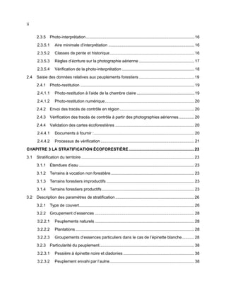 ii
2.3.5

Photo-interprétation................................................................................................ 16

2.3.5.1
2.3.5.2

Classes de pente et historique........................................................................... 16

2.3.5.3

Règles d’écriture sur la photographie aérienne ................................................. 17

2.3.5.4
2.4

Aire minimale d’interprétation ............................................................................ 16

Vérification de la photo-interprétation ................................................................ 18

Saisie des données relatives aux peuplements forestiers .................................................19
2.4.1

Photo-restitution ..................................................................................................... 19

2.4.1.1

Photo-restitution à l’aide de la chambre claire ................................................... 19

2.4.1.2

Photo-restitution numérique ............................................................................... 20

2.4.2

Envoi des tracés de contrôle en région .................................................................. 20

2.4.3

Vérification des tracés de contrôle à partir des photographies aériennes.............. 20

2.4.4

Validation des cartes écoforestières ...................................................................... 20

2.4.4.1

Documents à fournir :......................................................................................... 20

2.4.4.2

Processus de vérification ................................................................................... 21

CHAPITRE 3 LA STRATIFICATION ÉCOFORESTIÈRE ..........................................................23
3.1

Stratification du territoire ....................................................................................................23
3.1.1
3.1.2

Terrains à vocation non forestière.......................................................................... 23

3.1.3

Terrains forestiers improductifs .............................................................................. 23

3.1.4
3.2

Étendues d’eau ...................................................................................................... 23

Terrains forestiers productifs.................................................................................. 23

Description des paramètres de stratification ......................................................................26
3.2.1

Type de couvert...................................................................................................... 26

3.2.2

Groupement d’essences ........................................................................................ 28

3.2.2.1

Peuplements naturels ........................................................................................ 28

3.2.2.2

Plantations ......................................................................................................... 28

3.2.2.3

Groupements d’essences particuliers dans le cas de l’épinette blanche........... 28

3.2.3

Particularité du peuplement.................................................................................... 38

3.2.3.1

Pessière à épinette noire et cladonies ............................................................... 38

3.2.3.2

Peuplement envahi par l’aulne........................................................................... 38

 