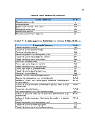 37
Tableau 8 Codes des types de plantations
Type de plantations
Plantation indéterminée
Ensemencement
Ensemencement avec « mini-serres »
Plantation à racines nues
Plantation de boutures
Plantation avec semis en récipients

Code
p
ens
enm
pln
plb
plr

Tableau 9 Codes des groupements d’essences avec présence de l’épinette blanche
Groupement d’essences
Pessière à épinette blanche
Pessière à épinette blanche et sapin
Sapinière à épinette blanche
Pessière à épinette blanche et épinette noire
Pessière à épinette noire et épinette blanche
Pessière à épinette blanche et mélèze
Mélèzaie à épinette blanche
Pinède à pin blanc et épinette blanche
Pessière à épinette blanche et pin blanc
Pinède à pin rouge et épinette blanche
Pessière à épinette blanche et pin rouge
Résineux à épinette blanche
Bétulaie à bouleau blanc et épinette blanche
Bouleau blanc et peupliers avec épinette blanche
Mélangé à bouleau blanc (sans espèce secondaire dominante) et à
épinette blanche
Mélangé à feuillus intolérants (dominance du bouleau blanc) et à épinette blanche
Peupleraie à épinette blanche
Peupliers et bouleau blanc avec épinette blanche
Mélangé à peupliers (sans espèce secondaire dominante) et à épinette blanche
Mélangé à feuillus intolérants (dominance de peupliers) et épinette
blanche
Pessière à épinette blanche et bouleau blanc
Pessière à épinette blanche et peupliers
Pessière à épinette blanche et feuillus intolérants

Code
GG
GS
SG
GE
EG
GMe
MeG
PbG
GPb
PrG
GPr
RG
BbBbG
BbPeG
Bb1G
FiBbG
PePeG
PeBbG
Pe1G
FiPeG
GBb
GPe
GFi

 