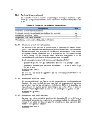 38
3.2.3

Particularité du peuplement
Ce paramètre permet de noter les caractéristiques spécifiques à certains peuplements qui ne figurent pas dans les autres paramètres de stratification (tableau 10,
p. 38).
Tableau 10 Codes des particularités du peuplement

Désignation
Pessière à épinette noire et cladonies
Pessière à épinette noire et cladonies située sur les sommets
Peuplement envahi par l’aulne
Peuplement situé sur les sommets
Plantation ou ensemencement sous couvert forestier
3.2.3.1

Code
c
cs
al
s
p

Pessière à épinette noire et cladonies
La définition d’une pessière à épinette noire et cladonies (ou lichens) correspond à celle adoptée dans la stratégie de protection des forêts : peuplement forestier climacique dont la couverture des espèces arborescentes d’une hauteur
supérieure à 7 m est inférieure à 40 % et la couverture des cladonies supérieure
à 40 %. Depuis 1997, les codes « c » et « c » ne sont plus utilisés. Ils ont été
remplacés par le code du type écologique approprié (annexe B).
Seuls les peuplements suivants correspondent à cette définition :
pessière à épinette noire qui croît dans les dénudés secs. Exemple : DSc;
pessière à épinette noire de classe de densité « D » et de la classe d’âge
90 ans et plus.
Exemple : EEc D3 120.
Le code « c » est ajouté à l’appellation de ces pessières pour caractériser ces
peuplements.

3.2.3.2

Peuplement envahi par l’aulne
Un peuplement envahi par l’aulne est soit un peuplement en régénération de
hauteur « 5 » ou « 6 » (forêt d’origine naturelle), soit un peuplement issu d’une
perturbation naturelle ou anthropique, dont plus de 25 % de la superficie est
couverte par des aulnes (parfois accompagnés de saules). Dans le cas des
peuplements en régénération, le code doit être placé après le type de couvert.
Exemple : M ( ) 6 br 10.

3.2.3.3

Peuplement situé sur les sommets
Le code « s » est surtout utilisé pour les unités de gestion 12, 111 et 112 pour la
distinction à faire entre des peuplements semblables situés à des altitudes différentes. Il est utilisé en Gaspésie pour la caractérisation des sapinières dont
l’altitude est supérieure à 600 m.
Exemple : SSs B3 90 C.

 