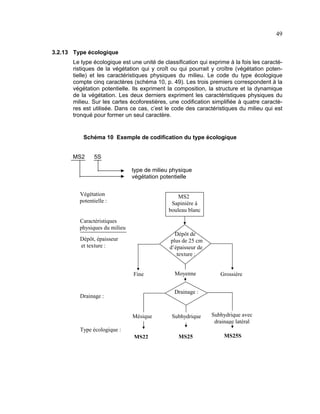 49
3.2.13 Type écologique
Le type écologique est une unité de classification qui exprime à la fois les caractéristiques de la végétation qui y croît ou qui pourrait y croître (végétation potentielle) et les caractéristiques physiques du milieu. Le code du type écologique
compte cinq caractères (schéma 10, p. 49). Les trois premiers correspondent à la
végétation potentielle. Ils expriment la composition, la structure et la dynamique
de la végétation. Les deux derniers expriment les caractéristiques physiques du
milieu. Sur les cartes écoforestières, une codification simplifiée à quatre caractères est utilisée. Dans ce cas, c’est le code des caractéristiques du milieu qui est
tronqué pour former un seul caractère.

Schéma 10 Exemple de codification du type écologique
MS2

5S
type de milieu physique
végétation potentielle

Végétation
potentielle :

MS2
Sapinière à
bouleau blanc

Caractéristiques
physiques du milieu
Dépôt de
plus de 25 cm
d’épaisseur de
texture :

Dépôt, épaisseur
et texture :

Fine

Moyenne

Grossière

Drainage :

Drainage :

Mésique

Subhydrique

Subhydrique avec
drainage latéral

MS22

MS25

MS25S

Type écologique :

 