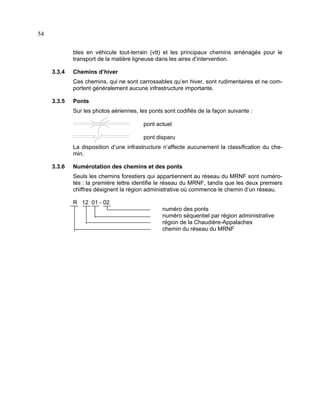54
bles en véhicule tout-terrain (vtt) et les principaux chemins aménagés pour le
transport de la matière ligneuse dans les aires d’intervention.
3.3.4

Chemins d’hiver
Ces chemins, qui ne sont carrossables qu’en hiver, sont rudimentaires et ne comportent généralement aucune infrastructure importante.

3.3.5

Ponts
Sur les photos aériennes, les ponts sont codifiés de la façon suivante :
pont actuel
pont disparu
La disposition d’une infrastructure n’affecte aucunement la classification du chemin.

3.3.6

Numérotation des chemins et des ponts
Seuls les chemins forestiers qui appartiennent au réseau du MRNF sont numérotés : la première lettre identifie le réseau du MRNF, tandis que les deux premiers
chiffres désignent la région administrative où commence le chemin d’un réseau.
R 12 01 - 02
numéro des ponts
numéro séquentiel par région administrative
région de la Chaudière-Appalaches
chemin du réseau du MRNF

 