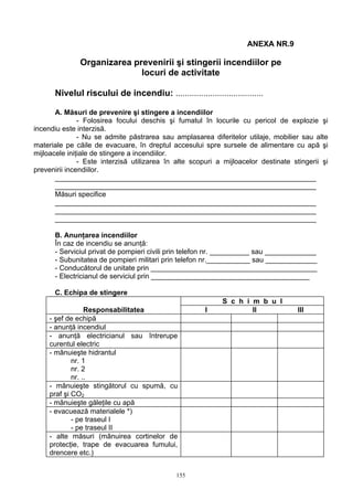 ANEXA NR.9
Organizarea prevenirii şi stingerii incendiilor pe
locuri de activitate
Nivelul riscului de incendiu: ......................................
A. Măsuri de prevenire şi stingere a incendiilor
- Folosirea focului deschis şi fumatul în locurile cu pericol de explozie şi
incendiu este interzisă.
- Nu se admite păstrarea sau amplasarea diferitelor utilaje, mobilier sau alte
materiale pe căile de evacuare, în dreptul accesului spre sursele de alimentare cu apă şi
mijloacele iniţiale de stingere a incendiilor.
- Este interzisă utilizarea în alte scopuri a mijloacelor destinate stingerii şi
prevenirii incendiilor.
__________________________________________________________________
__________________________________________________________________
Măsuri specifice
__________________________________________________________________
__________________________________________________________________
__________________________________________________________________
B. Anunţarea incendiilor
În caz de incendiu se anunţă:
- Serviciul privat de pompieri civili prin telefon nr. __________ sau _____________
- Subunitatea de pompieri militari prin telefon nr.___________ sau _____________
- Conducătorul de unitate prin __________________________________________
- Electricianul de serviciul prin ________________________________________
C. Echipa de stingere
S c h i m b u l
Responsabilitatea I II III
- şef de echipă
- anunţă incendiul
- anunţă electricianul sau întrerupe
curentul electric
- mânuieşte hidrantul
nr. 1
nr. 2
nr. ..
- mânuieşte stingătorul cu spumă, cu
praf şi CO2
- mânuieşte găleţile cu apă
- evacuează materialele *)
- pe traseul I
- pe traseul II
- alte măsuri (mânuirea cortinelor de
protecţie, trape de evacuarea fumului,
drencere etc.)
155
 