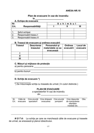 ANEXA NR.10
Plan de evacuare în caz de incendiu
la _______________________
A. Echipa de evacuare
Nr. S c h i m b u l
Crt. Responsabilităţi I II III
1. Şeful echipei
2. Responsabil traseu I
3. Responsabil traseu II
B. Traseul de evacuare şi ordinea evacuării
Traseul Descrierea
traseului
Personalul şi
materialele ce se
evacuează
Ordinea
evacuării
Locul de
evacuare
I
II
III
C. Măsuri şi mijloace de protecţie
a) pentru persoane ___________________________________________
___________________________________________________________
b) pentru bunuri _____________________________________________
___________________________________________________________
D. Schiţe de evacuare *)
_____________
*) Se întocmeşte schiţa cu traseele de urmat ( în culori distincte )
PLAN DE EVACUARE
a spectatorilor în caz de incendiu
din ______________________
Nr.
Crt.
Căile de
evacuare
Cine anunţă
spectatorii
Cine dirijează
evacuarea
Cine anunţă
pompierii
Cine răspunde
de manipularea
diferitelor
instalaţii etc.
Obs.
N O T A: La schiţa pe care se marchează căile de evacuare şi traseele
de urmat, se anexează şi planul obiectivului.
157
 