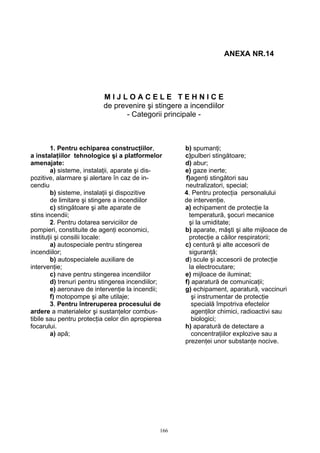 166
ANEXA NR.14
M I J L O A C E L E T E H N I C E
de prevenire şi stingere a incendiilor
- Categorii principale -
1. Pentru echiparea construcţiilor, b) spumanţi;
a instalaţiilor tehnologice şi a platformelor c)pulberi stingătoare;
amenajate: d) abur;
a) sisteme, instalaţii, aparate şi dis- e) gaze inerte;
pozitive, alarmare şi alertare în caz de in- f)agenţi stingători sau
cendiu neutralizatori, special;
b) sisteme, instalaţii şi dispozitive 4. Pentru protecţia personalului
de limitare şi stingere a incendiilor de intervenţie.
c) stingătoare şi alte aparate de a) echipament de protecţie la
stins incendii; temperatură, şocuri mecanice
2. Pentru dotarea serviciilor de şi la umiditate;
pompieri, constituite de agenţi economici, b) aparate, măşti şi alte mijloace de
instituţii şi consilii locale: protecţie a căilor respiratorii;
a) autospeciale pentru stingerea c) centură şi alte accesorii de
incendiilor; siguranţă;
b) autospecialele auxiliare de d) scule şi accesorii de protecţie
intervenţie; la electrocutare;
c) nave pentru stingerea incendiilor e) mijloace de iluminat;
d) trenuri pentru stingerea incendiilor; f) aparatură de comunicaţii;
e) aeronave de intervenţie la incendii; g) echipament, aparatură, vaccinuri
f) motopompe şi alte utilaje; şi instrumentar de protecţie
3. Pentru întreruperea procesului de specială împotriva efectelor
ardere a materialelor şi sustanţelor combus- agenţilor chimici, radioactivi sau
tibile sau pentru protecţia celor din apropierea biologici;
focarului. h) aparatură de detectare a
a) apă; concentraţiilor explozive sau a
prezenţei unor substanţe nocive.
 