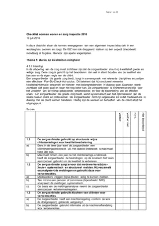 Pagina 1 van 11
Checklist normen wonen en zorg inspectie 2016
19 juli 2016
In deze checklist staan de normen weergegeven van een algemeen inspectiebezoek in een
verpleeghuis (wonen en zorg). De IGZ kan ook diepgaand toetsen op één aspect bijvoorbeeld
mondzorg of hygiëne. Hiervoor zijn aparte vragenlijsten.
Thema 1: sturen op kwaliteit en veiligheid
4.1.1 Inleiding
In de uitvoering van de zorg moet zichtbaar zijn dat de zorgaanbieder stuurt op kwalitatief goede en
veilige zorg. Deze zorg is gericht op het bevorderen dan wel in stand houden van de kwaliteit van
bestaan en de eigen regie van de cliënt.
Een zorgaanbieder die goede zorg biedt, borgt in samenspraak met relevante disciplines en partijen
een effectieve Plan-Do-Check-Act-cyclus. Dit betekent dat hij structureel relevante
kwaliteitsinformatie verzamelt en hierover met belanghebbenden in dialoog gaat. Daardoor wordt
zichtbaar wat goed gaat en waar het nog beter kan. De zorgaanbieder is eindverantwoordelijk voor
het uitvoeren van de hierop gebaseerde verbeteracties en voor de beoordeling van de effecten
ervan. Een zorgaanbieder die goede zorg biedt, werkt systematisch aan het optimaliseren van de
relatie tussen cliënt en professional. De zorgaanbieder richt zijn organisatie zo in dat medewerkers in
dialoog met de cliënt kunnen handelen. Hierbij zijn de wensen en behoeften van de cliënt altijd het
uitgangspunt.
Scores
Voldoet
Voldoetniet
N.v.t.
Nietbeoordeeld
1.1 De zorgaanbieder gebruikt op structurele wijze
cliëntervaringen voor kwaliteitsverbetering
a) Eens in de twee jaar voert de zorgaanbieder een
cliëntervaringsonderzoek uit. Het laatste onderzoek is maximaal
twee jaar oud.
b) Maximaal binnen een jaar na het cliëntervarings-onderzoek
heeft de zorgaanbieder de bevindingen op de locatie/in het team
aantoonbaar gebruikt om de kwaliteit te verbeteren.
1.2 De zorgaanbieder zorgt ervoor dat medewerkers(bijna-
)fouten systematisch en structureel melden. Hij verzamelt
en analyseert de meldingen en gebruikt deze voor
verbeteracties.
a) Medewerkers zeggen (bijna-)fouten veilig te kunnen melden.
b) Ten minste een persoon of commissie (bijvoorbeeld MIC)
analyseert de meldingen systematisch.
c) Op basis van de meldingenanalyse neemt de zorgaanbieder
aantoonbaar verbetermaatregelen.
1.3 De zorgaanbieder gebruikt klachten van cliënten voor
verbeteracties.
a) De zorgaanbieder heeft een klachtenregeling conform de voor
de doelgroep(en) geldende wetgeving1.
b) De zorgaanbieder gebruikt informatie uit de klachtenafhandeling
voor verbeteracties.
 