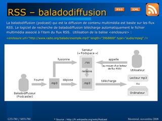 Montréal, novembre 2008Montréal, novembre 2008GTI-780 / MTI-780GTI-780 / MTI-780
RSS – baladodiffusionRSS – baladodiffusion
* Source : http://fr.wikipedia.org/wiki/Podcast
La baladodiffusion (podcast) qui est la diffusion de contenu multimédia est basée sur les fluxLa baladodiffusion (podcast) qui est la diffusion de contenu multimédia est basée sur les flux
RSS. Le logiciel de recherche de baladodiffusion télécharge automatiquement le fichierRSS. Le logiciel de recherche de baladodiffusion télécharge automatiquement le fichier
multimédia associé à l'item du flux RSS. Utilisation de la balise <enclosure> :multimédia associé à l'item du flux RSS. Utilisation de la balise <enclosure> :
<enclosure url="http://www.radio.org/balado/exemple.mp3" length="3968800" type="audio/mpeg" /><enclosure url="http://www.radio.org/balado/exemple.mp3" length="3968800" type="audio/mpeg" />
 