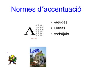 Normes d´accentuació
● -agudas
● Planas
● esdrújula
 