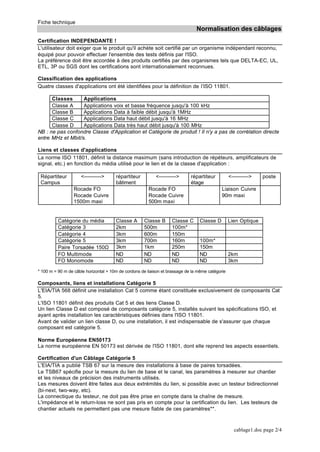 Fiche technique
Normalisation des câblages
cablage1.doc page 2/4
Certification INDEPENDANTE !
L'utilisateur doit exiger que le produit qu'il achète soit certifié par un organisme indépendant reconnu,
équipé pour pouvoir effectuer l'ensemble des tests définis par l'ISO.
La préférence doit être accordée à des produits certifiés par des organismes tels que DELTA-EC, UL,
ETL, 3P ou SGS dont les certifications sont internationalement reconnues.
Classification des applications
Quatre classes d'applications ont été identifiées pour la définition de l’ISO 11801.
Classes Applications
Classe A Applications voix et basse fréquence jusqu'à 100 kHz
Classe B Applications Data à faible débit jusqu'à 1MHz
Classe C Applications Data haut débit jusqu'à 16 MHz
Classe D Applications Data très haut débit jusqu'à 100 MHz
NB : ne pas confondre Classe d'Application et Catégorie de produit ! Il n'y a pas de corrélation directe
entre MHz et Mbit/s.
Liens et classes d'applications
La norme ISO 11801, définit la distance maximum (sans introduction de répéteurs, amplificateurs de
signal, etc.) en fonction du média utilisé pour le lien et de la classe d'application :
Répartiteur
Campus
<----------> répartiteur
bâtiment
<----------> répartiteur
étage
<----------> poste
Rocade FO
Rocade Cuivre
1500m maxi
Rocade FO
Rocade Cuivre
500m maxi
Liaison Cuivre
90m maxi
Catégorie du média Classe A Classe B Classe C Classe D Lien Optique
Catégorie 3 2km 500m 100m*
Catégorie 4 3km 600m 150m
Catégorie 5 3km 700m 160m 100m*
Paire Torsadée 150Ω 3km 1km 250m 150m
FO Multimode ND ND ND ND 2km
FO Monomode ND ND ND ND 3km
* 100 m = 90 m de câble horizontal + 10m de cordons de liaison et brassage de la même catégorie
Composants, liens et installations Catégorie 5
L'EIA/TIA 568 définit une installation Cat 5 comme étant constituée exclusivement de composants Cat
5.
L'ISO 11801 définit des produits Cat 5 et des liens Classe D.
Un lien Classe D est composé de composants catégorie 5, installés suivant les spécifications ISO, et
ayant après installation les caractéristiques définies dans l'ISO 11801.
Avant de valider un lien classe D, ou une installation, il est indispensable de s'assurer que chaque
composant est catégorie 5.
Norme Européenne EN50173
La norme européenne EN 50173 est dérivée de l'ISO 11801, dont elle reprend les aspects essentiels.
Certification d'un Câblage Catégorie 5
L'EIA/TIA a publié TSB 67 sur la mesure des installations à base de paires torsadées.
Le TSB67 spécifie pour la mesure du lien de base et le canal, les paramètres à mesurer sur chantier
et les niveaux de précision des instruments utilisés.
Les mesures doivent être faites aux deux extrémités du lien, si possible avec un testeur bidirectionnel
(bi-next, two-way, etc).
La connectique du testeur, ne doit pas être prise en compte dans la chaîne de mesure.
L'impédance et le return-loss ne sont pas pris en compte pour la certification du lien. Les testeurs de
chantier actuels ne permettent pas une mesure fiable de ces paramètres**.
 