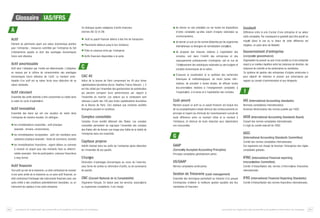 Glossaire IAS/IFRS
de donner un avis préalable sur les toutes les dispositions

Goodwill

d’ordre comptable qu’elles soient d’origine nationales ou

Différence entre le prix d’achat d’une entreprise et sa valeur

communautaires,

On distingue quatre catégories d’actifs financiers
(normes IAS 32 et 39) :

A

nette comptable. Par conséquent le goodwill peut être positif ou

Actif

Actif ou passif financier détenu à des fins de transaction
de donner un avis sur les normes élaborées par les organismes

n é g atif (dans le cas où la valeur de cette différence est

Elément du patrimoine ayant une valeur économique positive
pour l’entreprise ; ressource contrôlée par l’entreprise du fait
d’événements passés et dont des avantages économiques
futurs sont attendus

Placements détenus jusqu’à leur échéance

internationaux ou étrangers de normalisation comptab l e ,

négative, on parle alors de Badwill).

Prêts et créances émis par l’entreprise

de proposer des mesures relatives à l’exploitation des

Gouvernement d’entreprise

Actifs financiers disponibles à la vente

comptes, soit dans l’intérêt des entreprises et des

( c o r p o rate gouvernance)

regroupements professionnels d’entreprise, soit en vue de

Organisation du pouvoir au sein d’une société ou d’une entreprise
visant à un meilleur équilibre entre les instances de direction, les
instances de contrôle et les actionnaires ou sociétaires.
Ce système de gestion des entreprises d’origine américaine à
pour objectif de redonner le pouvoir aux actionnaires par
rapport au conseil d’administration et aux dirigeants.

Actif amortissable
Actif dont l’utilisation par l’entité est déterminable. L’utilisation
se mesure par le rythme de consommation des avantages
économiques futurs attendus de l’actif. Le montant amortissable d’un actif est sa valeur brute sous déduction de sa
valeur résiduelle.

C

l ’ é t ablissement des statistiques nationales ou des budgets et

CAC 40

D’assurer la coordination et la synthèse des recherches

Actif immobilisé

Indice de la bourse de Paris comprenant les 40 plus fortes
capitalisations boursières (Accor, Totalfina, France Telecom...). Il
est très utilisé par l'ensemble des gestionnaires de portefeuilles
qui peuvent comparer leurs performances par rapport à
l'ensemble du marché. Les valeurs qui le composent sont
retenues à partir des 100 plus fortes capitalisations boursières
de la Bourse de Paris. Ceci explique que certaines sociétés
étrangères peuvent le constituer.

Ensemble des biens qui ont une vocation de rester dans
l’entreprise de manière durable. On distingue :

Comptes consolidés

Actif circulant
Ensemble des actifs destinés à être consommés ou cédés dans
le cadre du cycle d’exploitat i o n .

les immobilisations corporelles : actif physique
(exemple : terrains, constructions),
les immobilisations incorporelles : actif non monétaire sans
substance physique (exemple : fonds de commerce, brevets)
les immobilisations financières : argent détenu ou sommes
à recevoir en argent pour des montants fixes ou détermi-

Comptes d'une société détenant des filiales. Les comptes
consolidés permettent de regrouper l'ensemble des comptes
des filiales afin de donner une image plus fidèle de la réalité de
l'entreprise dans son ensemble.

Actif financier
Tout actif qui est de la trésorerie, un droit contractuel de recevoir
d’une autre entité de la trésorerie ou un autre actif financier, un
droit contractuel d’échanger des instruments financiers avec une
autre entité à des conditions potentiellement favorables, ou un
instrument de capitaux d’une autre entreprise.

34

théoriques et méthodologiques, de réunir toutes info rmations, de procéder à toutes études, de diffuser toutes
d o c u m e n t ations relatives à l’enseignement comptable, à
l’organisation, à la tenue et à l’exploitation des comptes.

Intérêt résiduel dans les actifs de l’entreprise après déduction
de l’ensemble de ses passifs.

I

Coût amorti

IAS (International Accounting standard s )

Montant auquel un actif ou un passif financier est évalué lors
de sa comptabilisation initiale diminué des remboursements en
principal et majoré (ou diminué) de l’amortissement cumulé de
toute différence entre ce montant initial et le montant à
l’échéance, et diminué de toute réduction pour dépréciation
non recouvrable.

Norme(s) comptable(s) internationale(s)
Ancienne dénomination des normes publiée par l’IASC

IASB (International Accounting Standards Board)
Conseil des normes comptables internationales
Il s’agit du comité exécutif de l’IASC

IASC

G

(International Accounting Standards Committee)

Capitaux propres

nables (exemple : titre de participation, créances financières
à long terme)

comptes économiques de la nation,

GAAP
( G e n e rally Accepted Accounting Principles)

Comité des normes comptables internationales.
Cet organisme est chargé de favoriser l’émergence des règles
comptables globales.

Principes comptables généralement admis

C h a rges
Diminution d’avantages économiques au cours de l’exercice,
sous forme de sorties ou diminution d’actifs, ou de survenance
de passifs.

IFRIC (International Financial reporting
US/GAAP

I n t e r p retation Committee)

Normes comptables américaines

Comité d’interprétation des normes d’info r m ations financières
internationales

Gestion de Trésorerie (cash management)
CNC (Conseil National de la Comptabilité)
Organisme français. En liaison avec les services, associations
ou organismes compétents, il est chargé

Les impacts de l’application des normes IFRS sur les Systèmes d’Information de l’entreprise

Ensemble des techniques permettant au trésorier d’un groupe
d’entreprises d’obtenir la meilleure gestion possible des fl u x
monétaires et financiers.

IFRS (international Financial Reporting Standard s )
Comité d’interprétation des normes financières internationales.

Les impacts de l’application des normes IFRS sur les Systèmes d’Information de l’entreprise

35

 