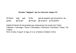 Paraules “màgiques” que he d’escriure sempre Bé!


Hi havia     vaig    que       hi ha        gue de quepard gui de guitarra i de
guineu       ga de gat         go de gos    ge de gerro gi de ginesta

l‘apòstrof davant de les paraules que comencen per les vocals com l'Anna,
l'hàmster; l'estranger; l'heroi; l'informador; l'hidroavió; l'oferiment; l'home; l'ull;
l'húmer;
Però: el iode; el iogurt; el ioga; el io-io; el hobby; la Isabel; la Iris;
 