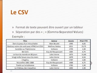 Le CSV
» Format de texte pouvant être ouvert par un tableur
» Séparation par des « ; » (Comma-Separated Values)
Exemple :
65
 