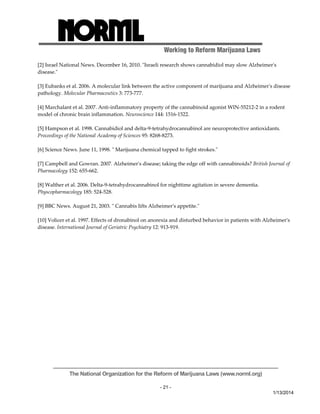 Working to Reform Marijuana Laws 
[2] Israel National News. December 16, 2010. ʺIsraeli research shows cannabidiol may slow Alzheimerʹs 
disease.ʺ 
[3] Eubanks et al. 2006. A molecular link between the active component of marijuana and Alzheimerʹs disease 
pathology. Molecular Pharmaceutics 3: 773‐777. 
[4] Marchalant et al. 2007. Anti‐inflammatory property of the cannabinoid agonist WIN‐55212‐2 in a rodent 
model of chronic brain inflammation. Neuroscience 144: 1516‐1522. 
[5] Hampson et al. 1998. Cannabidiol and delta‐9‐tetrahydrocannabinol are neuroprotective antioxidants. 
Proceedings of the National Academy of Sciences 95: 8268‐8273. 
The National Organization for the Reform of Marijuana Laws (www.norml.org) 
- 21 - 
1/13/2014 
[6] Science News. June 11, 1998. ʺ Marijuana chemical tapped to fight strokes.ʺ 
[7] Campbell and Gowran. 2007. Alzheimerʹs disease; taking the edge off with cannabinoids? British Journal of 
Pharmacology 152: 655‐662. 
[8] Walther et al. 2006. Delta‐9‐tetrahydrocannabinol for nighttime agitation in severe dementia. 
Physcopharmacology 185: 524‐528. 
[9] BBC News. August 21, 2003. ʺ Cannabis lifts Alzheimerʹs appetite.ʺ 
[10] Volicer et al. 1997. Effects of dronabinol on anorexia and disturbed behavior in patients with Alzheimerʹs 
disease. International Journal of Geriatric Psychiatry 12: 913‐919. 
 